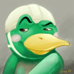  1:1 2017 anatid animal_crossing anseriform armor avian beak bird blush duck eyebrows grey_background headgear helmet looking_aside low_res male nintendo portrait raised_eyebrow reaction_image scoot_(animal_crossing) simple_background smug solo wiess yellow_beak 