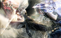  &eacute;clair_farron 3boys alternate_costume black_hair brown_hair epic female fighting final_fantasy final_fantasy_vii final_fantasy_xiii final_fantasy_xv genesis_rhapsodos gloves glowing glowing_eyes jacket multiple_boys noctis_lucis_caelum pink_hair pteruges red_eyes sephiroth silver_hair sword watermark wings 