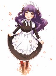  :3 apron bad_id bad_pixiv_id curtsey female iwaoka_(sikabanenomiti_park) long_hair looking_at_viewer maid maid_headdress ootori_chacha open_mouth petals purple_hair red_eyes ribbon skirt_hold solo tokyo_7th_sisters waist_apron 