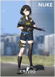  armor assault_rifle asymmetrical_legwear black_hair black_legwear blue_eyes boots braid chinese_commentary commentary_request counter-strike_(series) counter-strike_2 fbi female fingerless_gloves french_braid full_body gloves gun headset highres holster load_bearing_vest m4_carbine mk_18_carbine photoshop_(medium) rifle short_hair short_shorts shorts single_thighhigh skindentation solo standing thigh_holster thighhighs uneven_legwear weapon yurix 