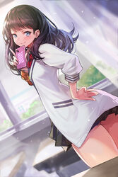  ass black_hair black_skirt blue_eyes blush cardigan classroom closed_mouth commentary curtains female goomrrat gridman_universe hand_on_own_hip highres holding_cd index_finger_raised indoors long_hair long_sleeves looking_at_viewer photoshop_(medium) skirt smile solo ssss.gridman takarada_rikka white_cardigan window 