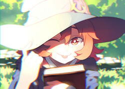  ;p adjusting_clothes adjusting_headwear blurry book chromatic_aberration commentary_request female hat holding holding_book little_witch_academia luo. one_eye_closed orange_hair outdoors red_eyes shiny_chariot short_hair smile solo tongue tongue_out upper_body white_hat witch_hat 