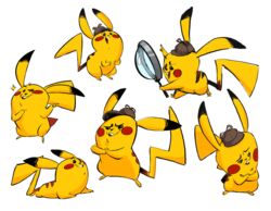  2018 beffalumps black_eyes clothing deerstalker_hat detective_pikachu dipstick_ears ear_markings generation_1_pokemon gesture hand_gesture hat headgear headwear holding_object magnifying_glass multicolored_ears multiple_scenes nintendo one_eye_closed open_mouth open_smile pikachu pointing pokemon pokemon_(species) pokemon_detective_pikachu pose red_cheeks simple_background smile solo sparkles toony white_background wink yellow_body 