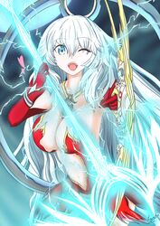  artemis_(fate/grand_order) blue_eyes bow_(weapon) breasts cleavage dress elbow_gloves fate/grand_order fate_(series) female gloves heart large_breasts long_hair looking_at_viewer navel one_eye_closed open_mouth smile solo very_long_hair weapon white_hair wink 