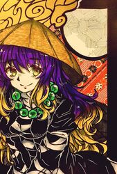  bad_id bad_twitter_id beads blonde_hair breasts cleavage cloud commentary_request female hat hijiri_byakuren long_hair looking_at_viewer moon patterned_background purple_hair shiraniwa_rin smile solo touhou wavy_hair yellow_eyes 