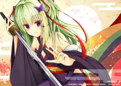  bad_id bad_pixiv_id breasts butterfly_hair_ornament cleavage dated egasumi female green_hair hair_ornament hair_ribbon holding holding_sword holding_weapon katana long_hair minari_(minari37) murasame_(senren) red_eyes red_ribbon ribbon senren_banka small_breasts smile solo sword twitter_username weapon 