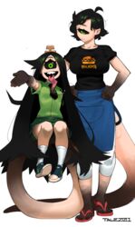  1_eye absurd_res ahoge apron ata_(anaid) balancing_on_tail big_breasts big_eyes big_tail black_hair black_sclera bottomwear breasts clothed clothing conto cyclops duo eyelashes family female footwear fully_clothed green_eyes hair hi_res humanoid legwear light_body light_skin long_hair long_tail long_tongue longtailclops looking_at_viewer madu_(anaid) monster_girl_(genre) multicolored_body multicolored_skin necktie noseless not_furry pale_skin pants sandals sharp_teeth shoes sibling_(lore) simple_background sister_(lore) sisters_(lore) tail tailclops_(species) teeth tongue two_tone_body two_tone_skin upskirt white_background 