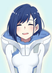  ^_^ blue_hair blush bodysuit breasts closed_eyes commentary_request darling_in_the_franxx facing_viewer female green_eyes hair_ornament hairclip happy ichigo_(darling_in_the_franxx) kiukoma open_mouth pilot_suit short_hair small_breasts smile solo teeth upper_body white_bodysuit 