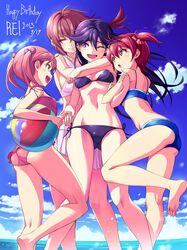  4girls :d :o ;d ^_^ ahoge arm_hug ass ball barefoot beachball bikini blush breasts brown_hair character_name cleavage closed_eyes commentary_request dated frills girl_sandwich hair_bobbles hair_ornament happy_birthday highres hug hug_from_behind isshiki_akane isshiki_mashiro isshiki_momo kuroki_rei legs long_hair long_legs medium_breasts michairu mother_and_daughter multiple_girls one-piece_swimsuit one_eye_closed open_mouth photoshop_(medium) purple_eyes purple_hair red_eyes red_hair sandwiched short_hair short_twintails siblings side-tie_bikini_bottom sisters small_breasts smile swimsuit twintails v-shaped_eyebrows vividred_operation 