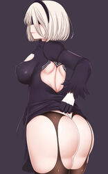  2b_(nier:automata) absurdres arm_at_side back_cutout bad_id bad_pixiv_id black_background black_blindfold black_dress black_gloves black_hairband black_ribbon blindfold breasts brown_thighhighs closed_mouth clothes_lift clothing_cutout covered_eyes covered_nipples cowboy_shot dress dress_lift facing_viewer feather-trimmed_sleeves feather_trim female flashing from_behind garter_straps gloves hairband highres juliet_sleeves legs_together leotard lifting_own_clothes lips long_sleeves looking_back mapar medium_breasts mole mole_under_mouth nier:automata nier_(series) photoshop_(medium) pink_lips puffy_sleeves ribbon short_dress short_hair shoulder_blades side_slit simple_background solo standing thighhighs thong_leotard turtleneck vambraces white_hair white_leotard 