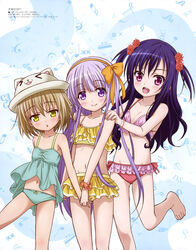  3girls :d absurdres animal_hat bare_shoulders barefoot bikini blue_dress blue_panties blush bow bow_panties brown_hat brown_scrunchie cat_hat closed_mouth collarbone company_name copyright_name copyright_notice dress fingernails flower gotou_jun hair_between_eyes hair_flower hair_ornament hairband hands_on_another&#039;s_shoulders hat head_tilt highres holding_hands kadokawa kaneshiro_sora light_brown_hair long_hair looking_at_viewer megami_magazine megami_magazine_deluxe momijidani_nozomi multiple_girls musical_note navel noguchi_takayuki official_art open_mouth orange_bow orange_hairband orange_ribbon orange_scrunchie panties parted_lips pink_bikini purple_eyes purple_hair quarter_note ribbon scrunchie sleeveless sleeveless_dress smile standing standing_on_one_leg swimsuit teeth tenshi_no_3p! toenails two_side_up underwear upper_teeth_only very_long_hair wrist_scrunchie yellow_bikini yellow_eyes 