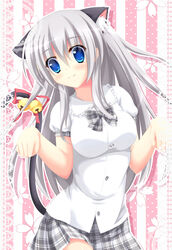  :3 absurdres animal_ears bell blue_eyes blush breasts cat_ears cat_tail closed_mouth commentary_request cowboy_shot female grey_hair grey_skirt head_tilt highres medium_breasts nanairo_fuusen plaid plaid_skirt puffy_short_sleeves puffy_sleeves school_uniform shirt short_sleeves simple_background skirt standing striped striped_background tail tail_bell tail_ornament vertical_stripes white_shirt 