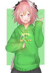  1boy astolfo_(fate) bad_id bad_pixiv_id blush braid fate/apocrypha fate_(series) hair_ribbon highres hood hoodie long_hair looking_at_viewer male_focus oerba_yun_fang open_mouth otoko_no_ko pink_eyes pink_hair ribbon single_braid solo sweater tanuki_(siutkm0228) 