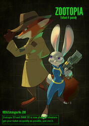  2016 akapos anthro barefoot canid canine clothing coat crossover disney duo fallout feet female fox fur green_eyes grey_body grey_fur gun handgun hat headgear headwear judy_hopps lagomorph leporid long_ears looking_back male mammal microsoft nick_valentine_(fallout) nick_wilde orange_body orange_fur parody pistol purple_eyes rabbit ranged_weapon red_fox smile text the_sole_survivor_(fallout) topwear trenchcoat true_fox weapon zootopia 