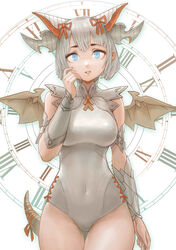  blue_eyes bracer breasts car_(cbdnb) clock commentary_request dragon_tail dragon_wings female highres horns medium_breasts myr_(p&amp;d) photoshop_(medium) puzzle_&amp;_dragons tail white_hair wings 