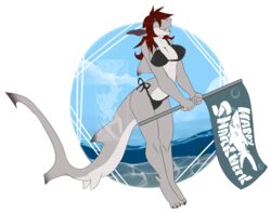  2013 anthro beach big_breasts bikini blue_eyes breasts cleavage clothed clothing discovery_channel female fish flag hair long_hair mackerel_shark marine meme open_mouth pose red_hair sea seaside shark shark_week solo swimwear thresher_shark tomocreations tonilyn water 