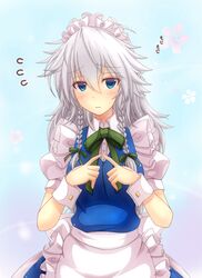  alternate_hair_length alternate_hairstyle apron blue_eyes blush braid commentary female fingers_together flying_sweatdrops highres index_fingers_together izayoi_sakuya long_hair maid_headdress mickey_dunn ribbon solo touhou twin_braids upper_body waist_apron white_hair wrist_cuffs 