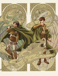  2boys absurdres art_nouveau black_hair brown_hair cape commentary_request eren_yeager fujiwara_system highres jacket levi_(shingeki_no_kyojin) multiple_boys paradis_military_uniform reverse_grip shingeki_no_kyojin sword three-dimensional_maneuver_gear weapon wings 