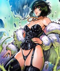  black_hair breasts cleavage female fubuki_(one-punch_man) garter_straps green_eyes one-punch_man reiq short_hair thighhighs thong 