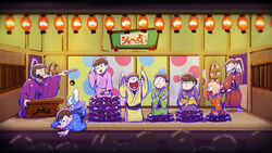  6+boys ;d arm_behind_head arm_up bald bowl_cut brothers brown_hair buck_teeth chibita commentary_request crossed_arms cushion esper_nyanko facial_mark feline folding_fan hand_fan heart heart_in_mouth highres iyami japanese_clothes kimono male_focus matsuno_choromatsu matsuno_ichimatsu matsuno_jyushimatsu matsuno_karamatsu matsuno_osomatsu matsuno_todomatsu messy_hair migita multiple_boys one_eye_closed open_mouth osomatsu-kun osomatsu-san osomatsu_(series) parody photoshop_(medium) seiza sequins sextuplets shouten siblings sitting smile teeth whisker_markings zabuton 