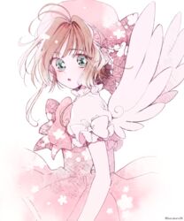  antenna_hair aqua_eyes bad_id bad_twitter_id bow brown_hair buruburu18 cardcaptor_sakura dress female from_side hat kinomoto_sakura pink_bow pink_dress pink_hat puffy_short_sleeves puffy_sleeves short_hair short_sleeves solo turning_head white_background white_bow white_wings wings 