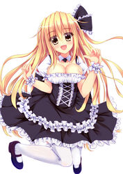  :d black_dress blonde_hair breasts cleavage commentary_request cross-laced_clothes dress female full_body highres jumping large_breasts layered_dress long_hair looking_at_viewer low_neckline mary_janes nanairo_fuusen open_mouth original puffy_short_sleeves puffy_sleeves shoes short_sleeves simple_background smile solo tareme thighhighs white_background white_thighhighs yellow_eyes 