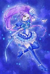  :d aizen_(syoshiyuki) blue_background blue_footwear blue_neckwear blue_skirt blue_theme boots choker commentary cure_beat female frilled_skirt frills full_body g-clef_(suite_precure) hair_ornament high_ponytail highres kurokawa_eren long_hair looking_at_viewer love_guitar_rod magical_girl open_mouth ponytail precure purple_hair seiren_(suite_precure) skirt smile solo suite_precure thigh_boots thighhighs wrist_cuffs yellow_eyes 