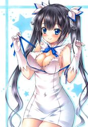  arm_ribbon bad_id bad_pixiv_id black_hair blue_eyes blue_ribbon blush breasts cleavage cleavage_cutout clothing_cutout dress dungeon_ni_deai_wo_motomeru_no_wa_machigatteiru_darou_ka female gloves hair_ornament hair_ribbon hestia_(danmachi) large_breasts long_hair looking_at_viewer marker_(medium) pencil_dress rei_no_himo ribbon smile solo traditional_media twintails white_dress white_gloves yuto_takumi 