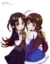  2girls absurdres ahoge annoyed black_hair black_jacket black_skirt blue_dress blue_eyes blush body_blush bow bowtie brown_hair brown_vest dress fingernails gradient_hair grin hair_between_eyes hair_ornament hair_ribbon hair_scrunchie hairbow highres hinatsuru_ai holding index_finger_raised jacket layered_sleeves long_hair long_sleeves looking_at_viewer looking_to_the_side low_twintails megami_magazine megami_magazine_deluxe multicolored_hair multicolored_scrunchie multiple_girls official_art one_side_up open_mouth parted_lips ponytail print_dress puffy_short_sleeves puffy_sleeves red_bow red_bowtie red_eyes red_ribbon ribbon ryuuou_no_oshigoto! sailor_collar school_uniform scrunchie shirt short_over_long_sleeves short_sleeves simple_background skirt smile twintails v-shaped_eyebrows very_long_hair vest white_background white_shirt yano_akane yashajin_ai yellow_ribbon 