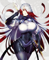  arm_at_side arm_up asmodeus_(megido72) ass_visible_through_thighs banned_artist big_hair black_bodysuit black_gloves bodysuit breasts commentary_request covered_navel elbow_gloves gloves gradient_hair grey_legwear grey_shirt head_tilt highres holding large_breasts long_hair megido72 multicolored_hair parted_lips puffy_short_sleeves puffy_sleeves red_hair shirt short_sleeves silver_hair solo standing tetsubuta thigh_gap thighhighs very_long_hair 