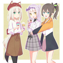  3girls absurdres alternate_costume blue_eyes blush brown_hair casual commentary food fuji_noyume hair_bun hair_ornament hair_ribbon hat highres hololive ice_cream imminent_hug jacket light_purple_hair long_hair long_skirt multiple_girls murasaki_shion natsuiro_matsuri open_mouth outline pantyhose parfait ribbon shirakami_fubuki side_ponytail single_hair_bun skirt tail virtual_youtuber white_outline yellow_eyes 