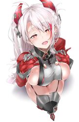  absurdres aoi_takeru azur_lane bad_id bad_twitter_id blush breasts commentary_request cross female full_body garter_straps gloves hair_between_eyes headgear highres iron_cross large_breasts long_hair long_sleeves looking_at_viewer looking_up mole mole_on_breast multicolored_hair open_mouth orange_eyes prinz_eugen_(azur_lane) red_hair simple_background smile solo thighhighs white_background white_hair 