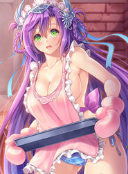  apron ass_visible_through_thighs blue_panties braid breasts brick_wall cleavage collarbone commentary_request female green_eyes hair_between_eyes headgear large_breasts leone_(sennen_sensou_aigis) lips long_hair looking_at_viewer makirin nearly_naked_apron open_mouth panties photoshop_(medium) purple_hair sennen_sensou_aigis shiny_skin sideboob solo striped_clothes striped_panties thighs twin_braids underwear 