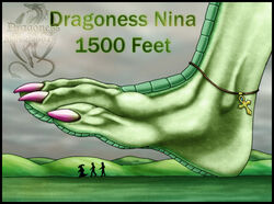  2004 ambiguous_gender barefoot claws dinosaur dragon english_text extinct feet female foot_shot group human jewelry mammal markie mythological_creature mythological_scalie mythology nina_(markie) outside plantigrade prehistoric_species reptile scalie size_difference text toe_claws 