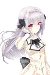  black_bow black_ribbon blue_bow blue_bowtie bow bowtie braid breasts closed_mouth coffee1223 commentary_request crown_braid eyes_visible_through_hair female floating_hair grey_hair hair_between_eyes hair_intakes hair_ribbon hairbow hand_up highres juliet_sleeves light_smile long_hair long_sleeves looking_at_viewer puffy_sleeves red_eyes ribbon sakurakouji_luna school_uniform simple_background small_breasts solo tsuki_ni_yorisou_otome_no_sahou tucking_hair very_long_hair white_background 