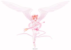  ankle_strap artist_name bad_id bad_twitter_id brown_hair buruburu18 cardcaptor_sakura dress feathered_wings female floating_hair full_body hair_ribbon hoshi_no_tsue kinomoto_sakura petticoat pink_ribbon ribbon short_hair single_thighhigh solo star_(symbol) thigh_strap thighhighs twitter_username wand white_background white_dress white_footwear white_thighhighs white_wings wings 