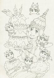  6+boys :d animal_hat birthday_cake cake candle chibi chong_kraben christophe_giacometti commentary_request crossed_arms facial_hair food freckles graphite_(medium) hamster_hat happy_birthday hat highres ice_skates itou_noriko ji_guang-hong katsuki_yuuri lee_seung-gil leo_de_la_iglesia male_focus mini_person miniboy monochrome multiple_boys open_mouth otabek_altin phichit_chulanont plate romaji_text skates smile thai_clothes traditional_media yuri!!!_on_ice 