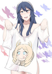  :d :q blue_eyes blue_hair blush butterfly emerina female female fire_emblem fire_emblem:_kakusei highres holding_clothes long_hair looking_at_viewer lucina multiple_girls nintendo open_mouth see-through_silhouette shirt simple_background smile t-shirt tiara tongue tongue_out umayahara0130 