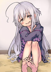  ahoge barefoot brown_eyes commentary_request feet female grey_hair hood hoodie hoshi_syoko idolmaster idolmaster_cinderella_girls jacket long_hair nametake panties pantyshot photoshop_(medium) sitting skirt sleeves_past_wrists smile solo underwear upskirt 