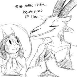  1:1 anthro black_and_white bovid breasts caprine caprine_demon cleavage closed_eyes clothed clothing demon dialogue duo english_text female goat goat_demon halo hi_res hladilnik horn lucy_(hladilnik) male mammal monochrome smile text tommy_(hladilnik) traditional_halo 