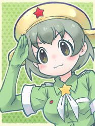  :3 bad_link belt black_belt blush border breast_pocket brown_eyes buttons dot_nose eyelashes female genderswap_(mtf) gloves green_background green_gloves green_hair green_neckerchief green_theme hakkatou hand_on_forehead hand_up hat jpeg_artifacts kemono_friends keroro keroro_(kemono_friends) keroro_gunsou looking_at_viewer neckerchief outline outside_border peaked_cap personification pocket rule_63 salute short_hair short_sleeves sleeve_cuffs smile solo star-shaped_pupils star_(symbol) starry_background symbol-shaped_pupils tareme upper_body v-shaped_eyebrows white_border white_outline wing_collar yellow_hat 