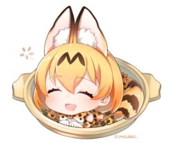  :d ^_^ animal_ears animal_print bare_shoulders blush bow bowtie bucket chibi clenched_hands closed_eyes commentary_request dot_nose elbow_gloves eyelashes facing_viewer female full_body gloves hair_between_eyes in_bucket in_container kemono_friends mini_person minigirl neko_nabe ng_(kimjae737) open_mouth orange_bow orange_bowtie orange_hair print_bow print_bowtie print_gloves serval_(kemono_friends) serval_print shirt short_hair simple_background sleeveless sleeveless_shirt smile solo striped_tail tail twitter_username two-tone_bowtie white_background white_bow white_bowtie white_shirt 