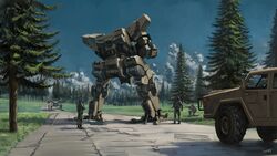  3boys absurdres car commentary_request day forest helmet highres humvee karamas mecha military military_uniform motor_vehicle multiple_boys nature original outdoors pine_tree robot science_fiction soldier tree uniform walker_(robot) 