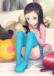  aqua_legwear backpack bag bed black_eyes black_hair cellphone feet holding no_shoes on_bed original panties pantyshot pantyshot_(sitting) phone pillow plaid poster_(object) randoseru sitting smartphone smile sody solo stuffed_toy thighhighs underwear upskirt white_panties 