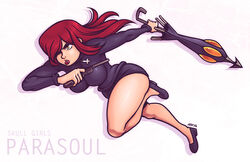  bare_legs breasts character_name cross cross_necklace dual_wielding female gun hair_over_one_eye handgun holding inverted_cross jewelry jmanvelez krieg_(skullgirls) large_breasts long_hair luger_p08 necklace parasoul_(skullgirls) photoshop_(medium) red_hair running skirt skullgirls solo sweater weapon yellow_eyes 