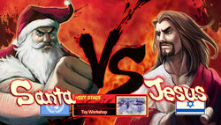  2boys battle beard blue_eyes brown_hair commentary duel english_commentary facial_hair hat hexagram israeli_flag jesus long_hair male_focus manly multiple_boys muscular parody pazero photoshop_(medium) santa_claus santa_costume santa_hat scar star_of_david street_fighter street_fighter_iv_(series) united_nations united_nations_flag vs white_hair 