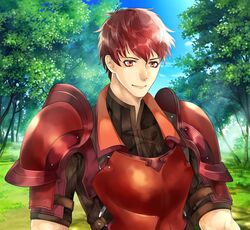  1boy armor day fire_emblem fire_emblem_echoes:_shadows_of_valentia grass leaf lukas_(fire_emblem) male_focus ninyunyan outdoors red_eyes red_hair sky solo tree upper_body 