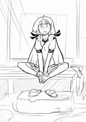  akashi_(kancolle) bare_legs barefoot butterfly_sitting commentary_request female greyscale hair_ribbon hands_on_feet hip_vent kantai_collection long_hair looking_up monochrome open_mouth ribbon school_uniform serafuku sitting skirt solo tarutaru_gungun tress_ribbon 