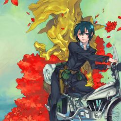  coat female flower gun hermes holster kino kino_no_tabi motorcycle petals short_hair solo tagme weapon yamanashi_kawanashi 