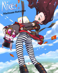  alice:_madness_returns alice_liddell_(american_mcgee&#039;s_alice) alternate_costume american_mcgee&#039;s_alice animification ass boots brown_hair card cloud commentary_request copyright_name day female floating_card floating_hair foreshortening gloves green_eyes hands highres long_hair nail_polish nakamura_tetsuya one_eye_closed pantyhose parted_lips photoshop_(medium) playing_card sky solo striped_clothes striped_pantyhose 